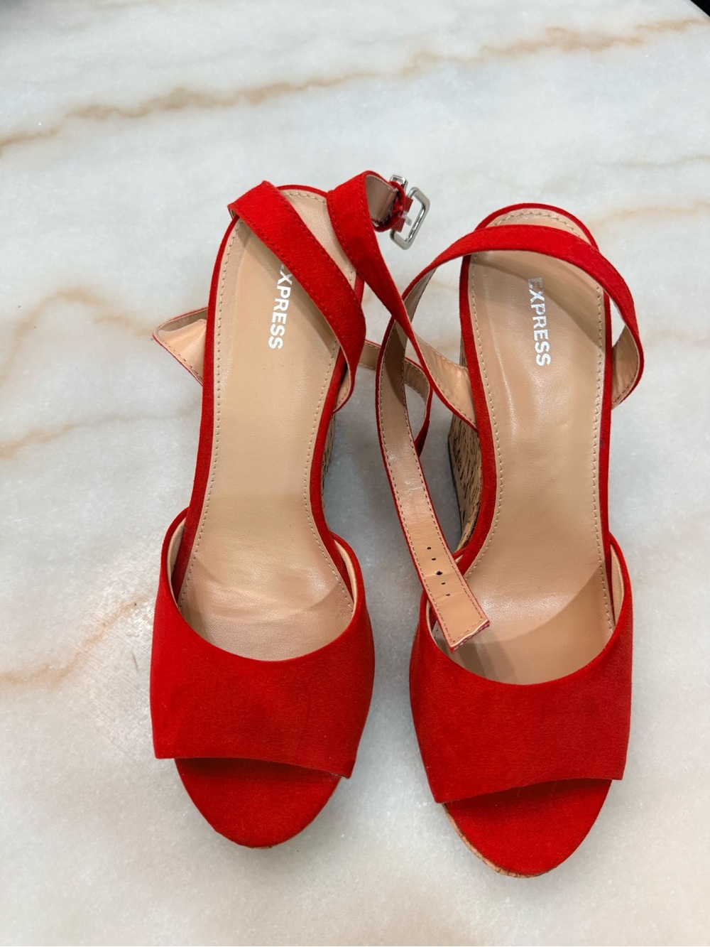Express Red Suede Open-Toe Ankle Strap Heels